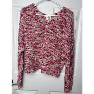 Hippie Rose V-Neck Popcorn Knit Oversized Crop Pink Gray Sweater Size M